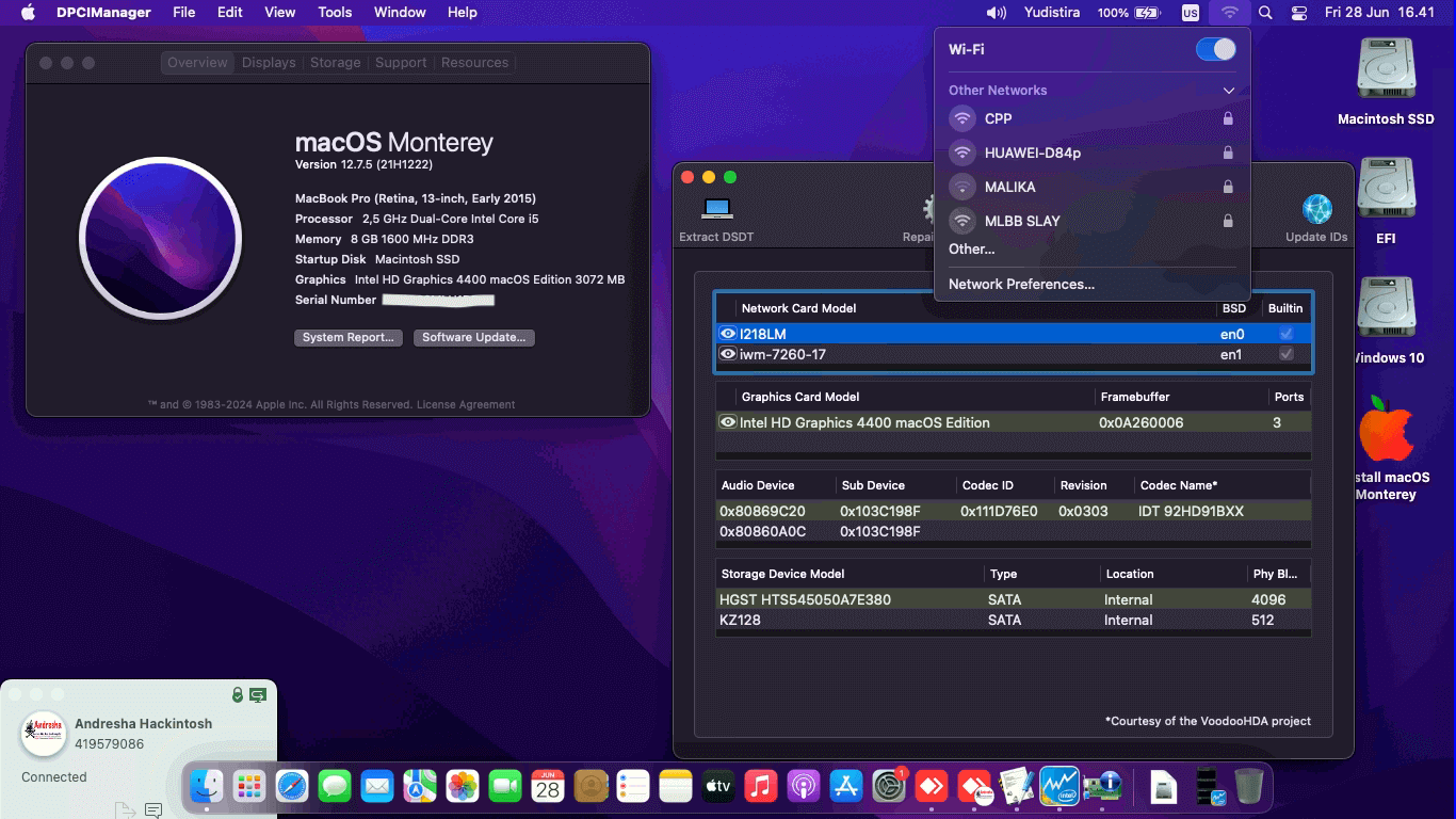 Success Hackintosh macOS Monterey 12.7.5 Build 21H1222 in HP EliteBook 840 G1